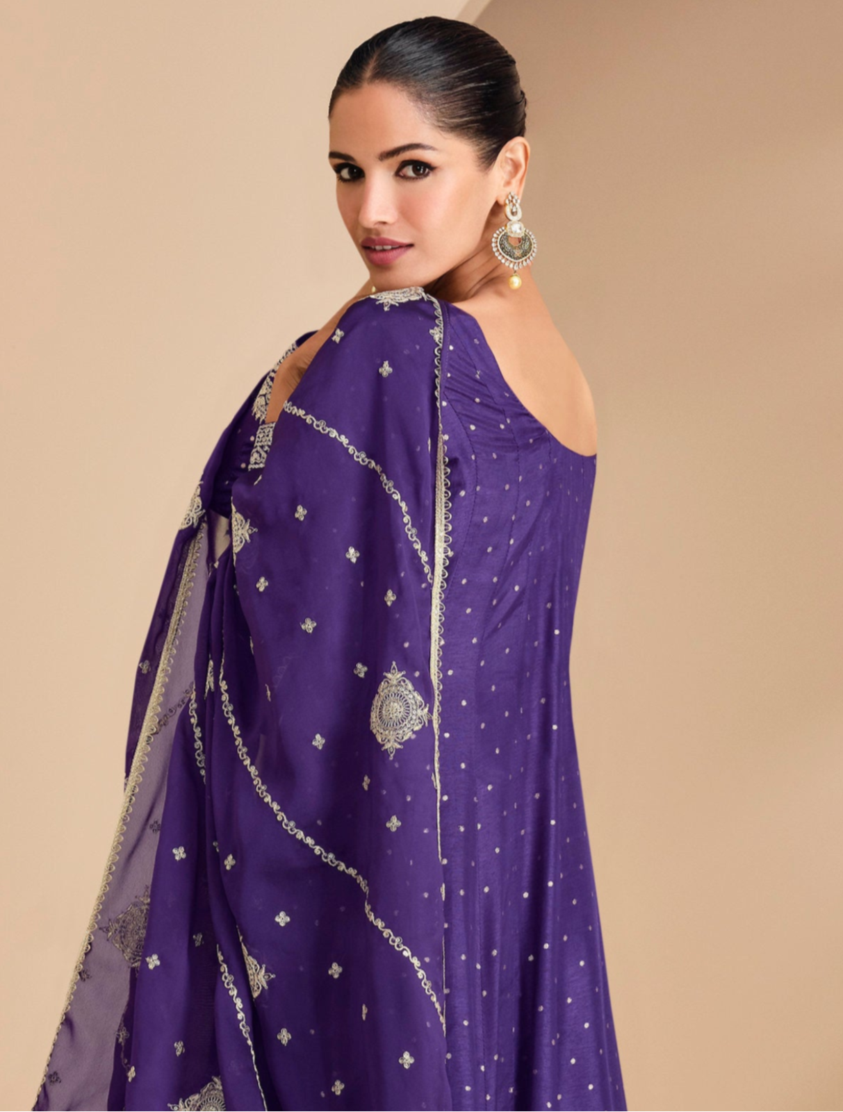 Royal purple Jacquard Silk Anarkali Dress Full Length Gown USA