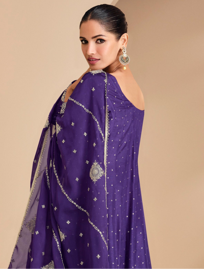 Royal purple Jacquard Silk Anarkali Dress Full Length Gown USA