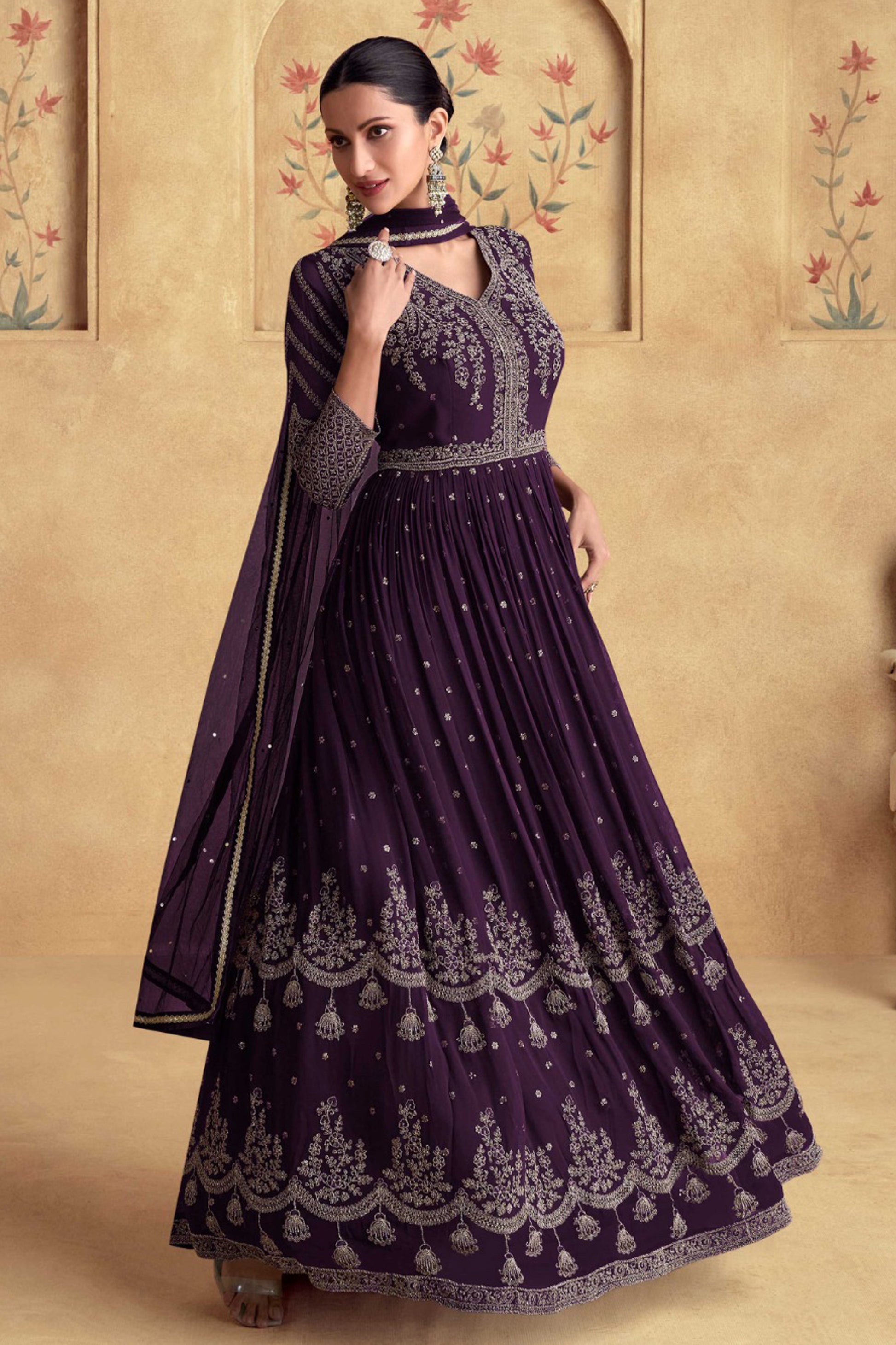 Wine Embroidered Anarkali Gown Suit With Net Dupatta - Indian Wedding Dress USA