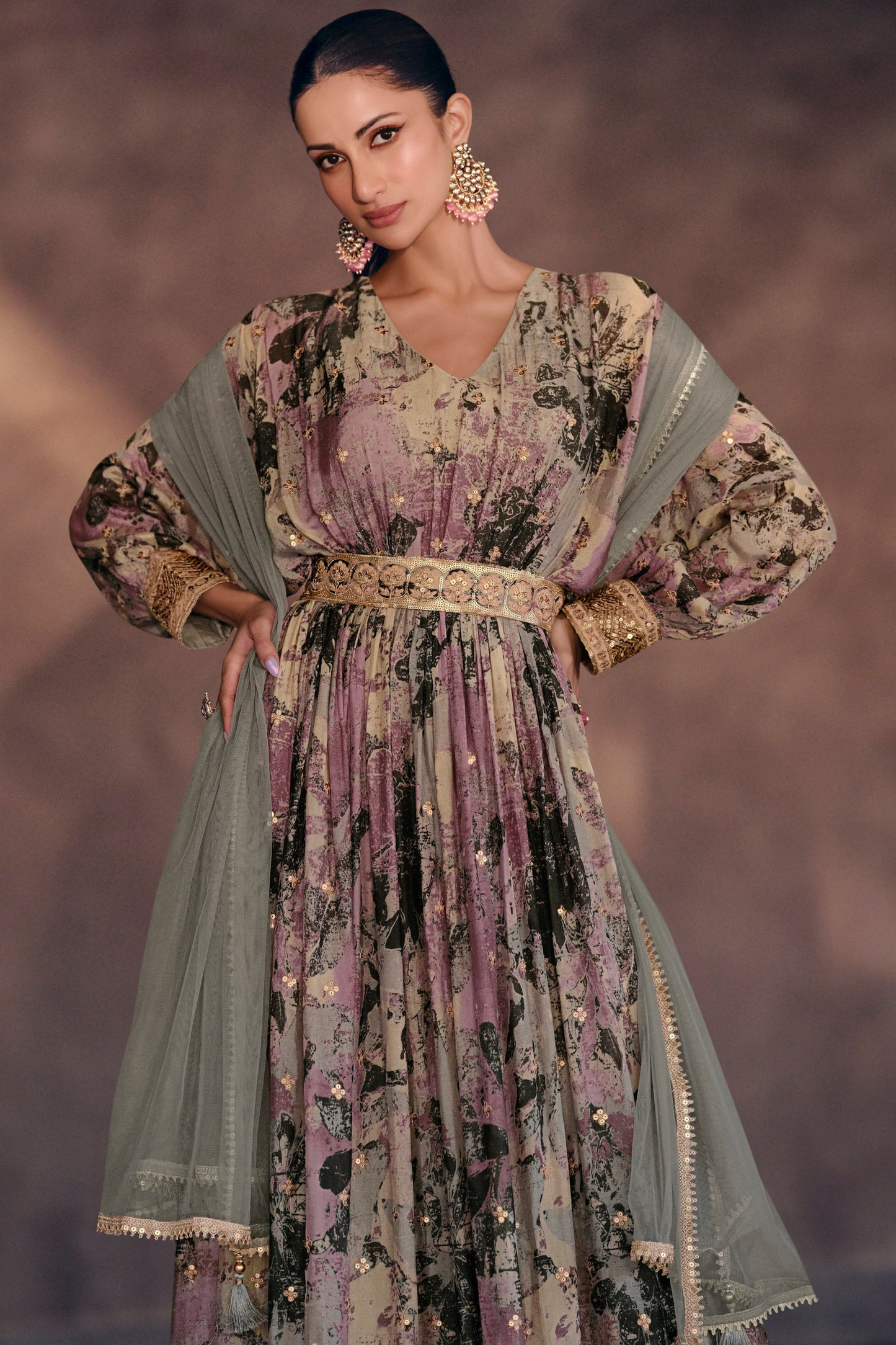 Purple Embroidered Anarkali Suit Length Wedding Reception Dress USA