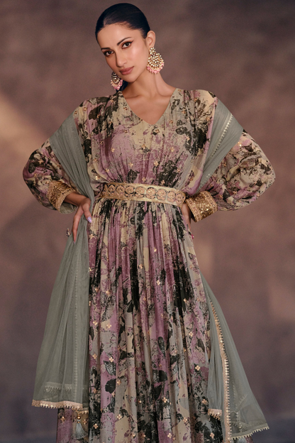 Purple Embroidered Anarkali Suit Length Wedding Reception Dress USA