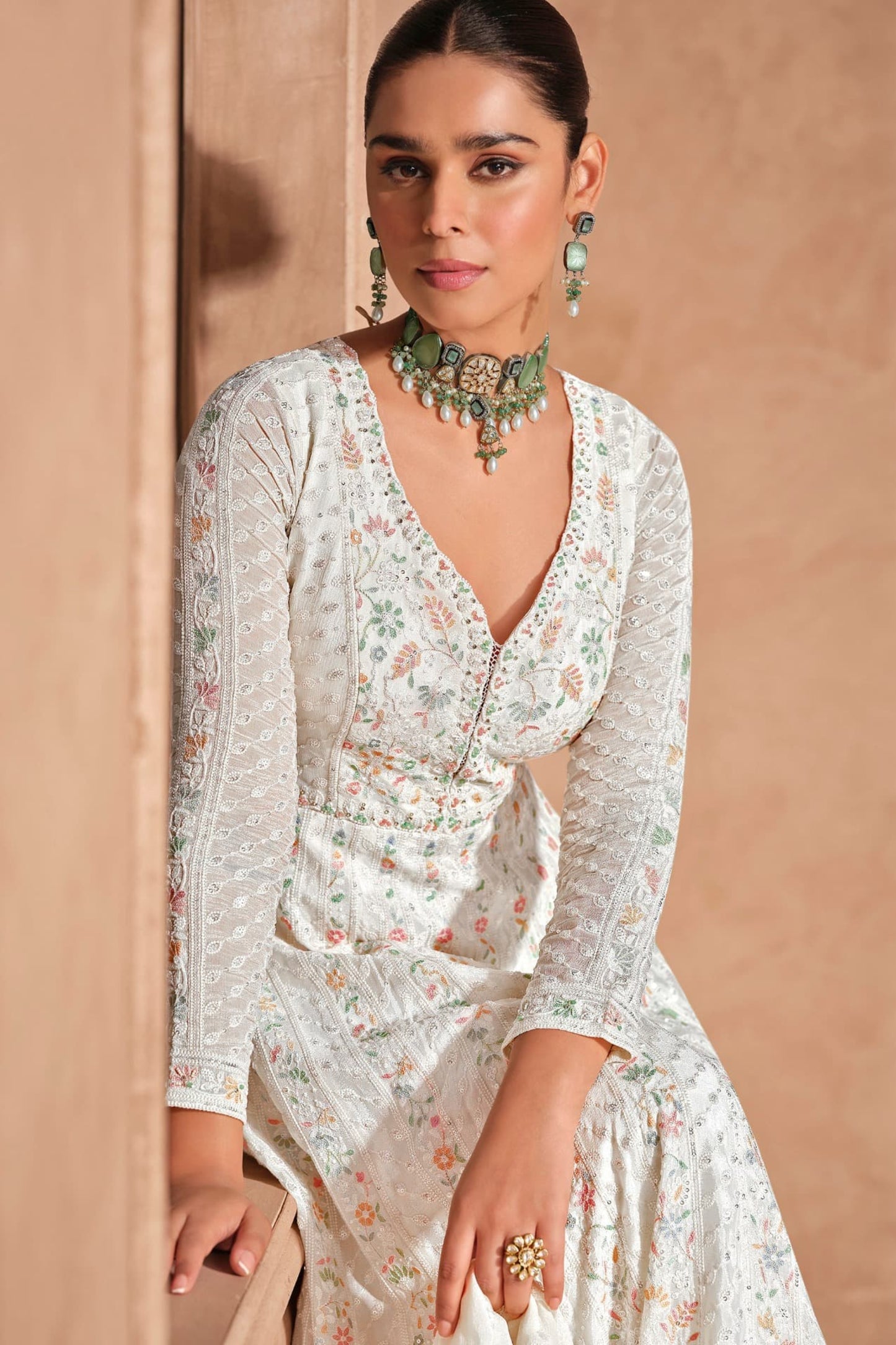 Heavy Chinon Embroidery Detail On White Anarkali Gown Suit