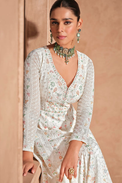 Heavy Chinon Embroidery Detail On White Anarkali Gown Suit