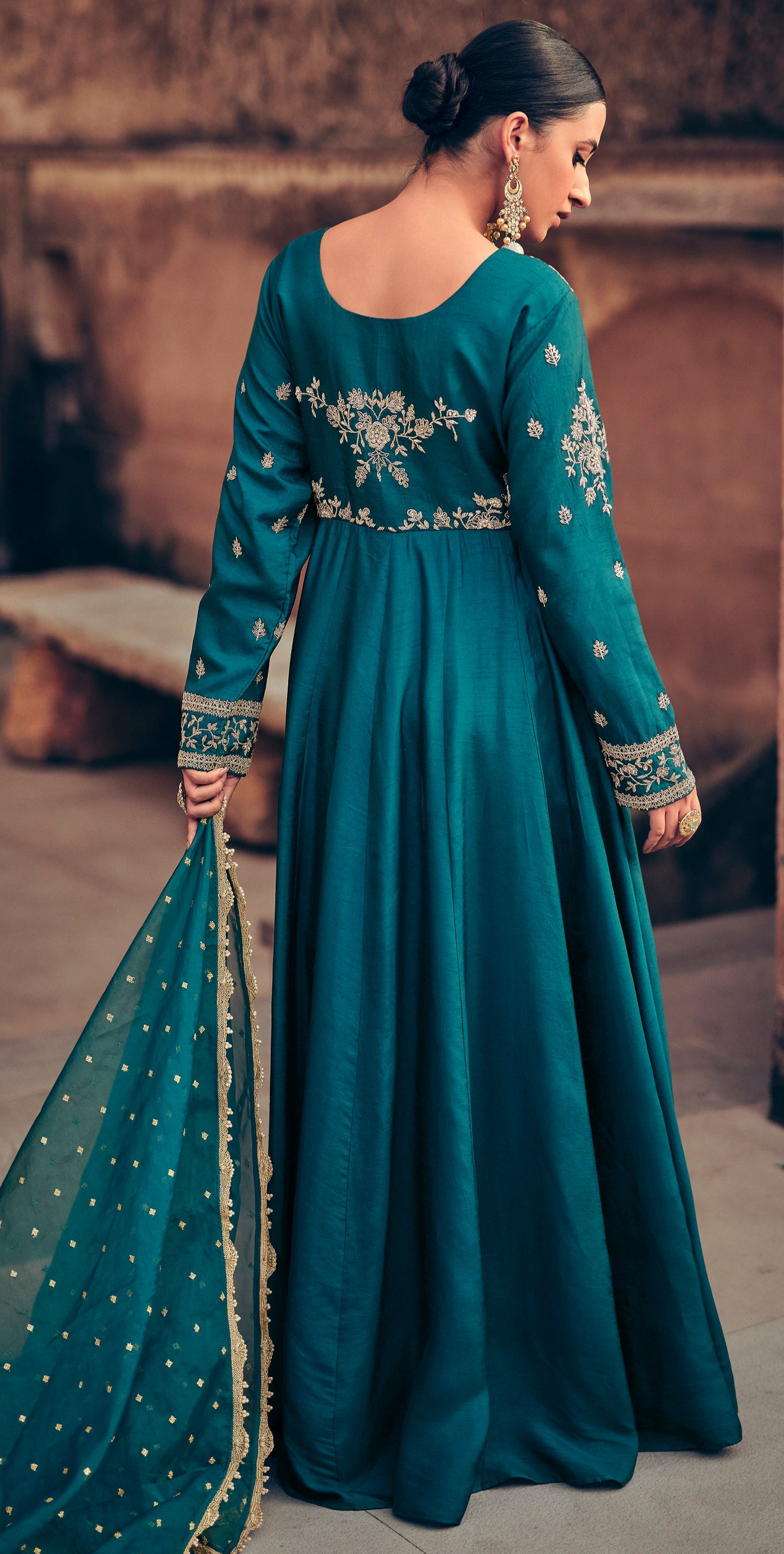 Wedding Anarkali Dresses for Embroidered Worked Chinon Silk Gown With Dupatta