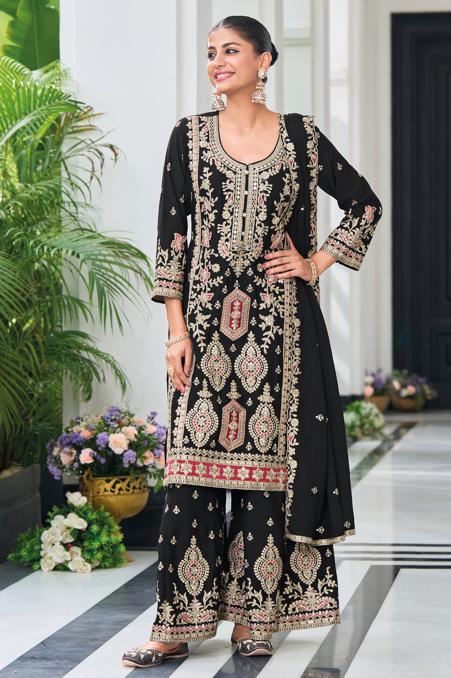 Embroidered Salwar Kameez Palazzo Suit With Heavy Sequin Work