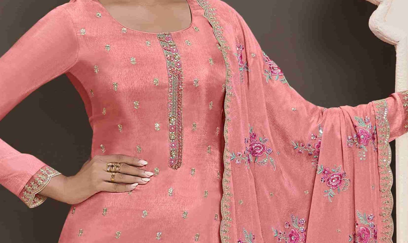 Embroidered Peach Pink Indian Salwar Suit With Dupatta For Festivals and Religious Events