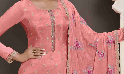 Embroidered Peach Pink Indian Salwar Suit With Dupatta For Festivals and Religious Events
