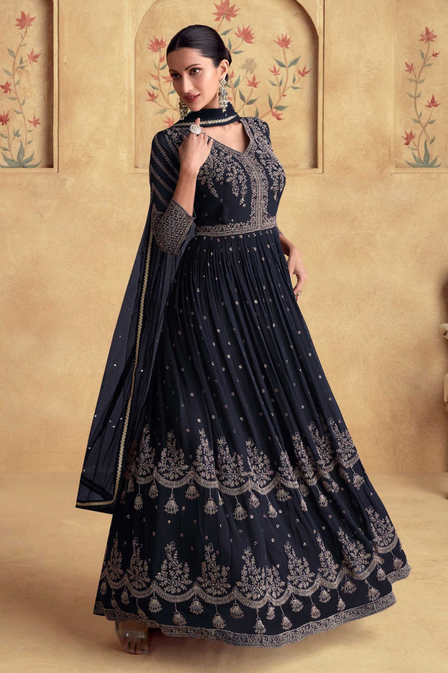 Black Embroidered Anarkali Gown With Intricate Work - Ready To Wear Indian Ethnic Dress
