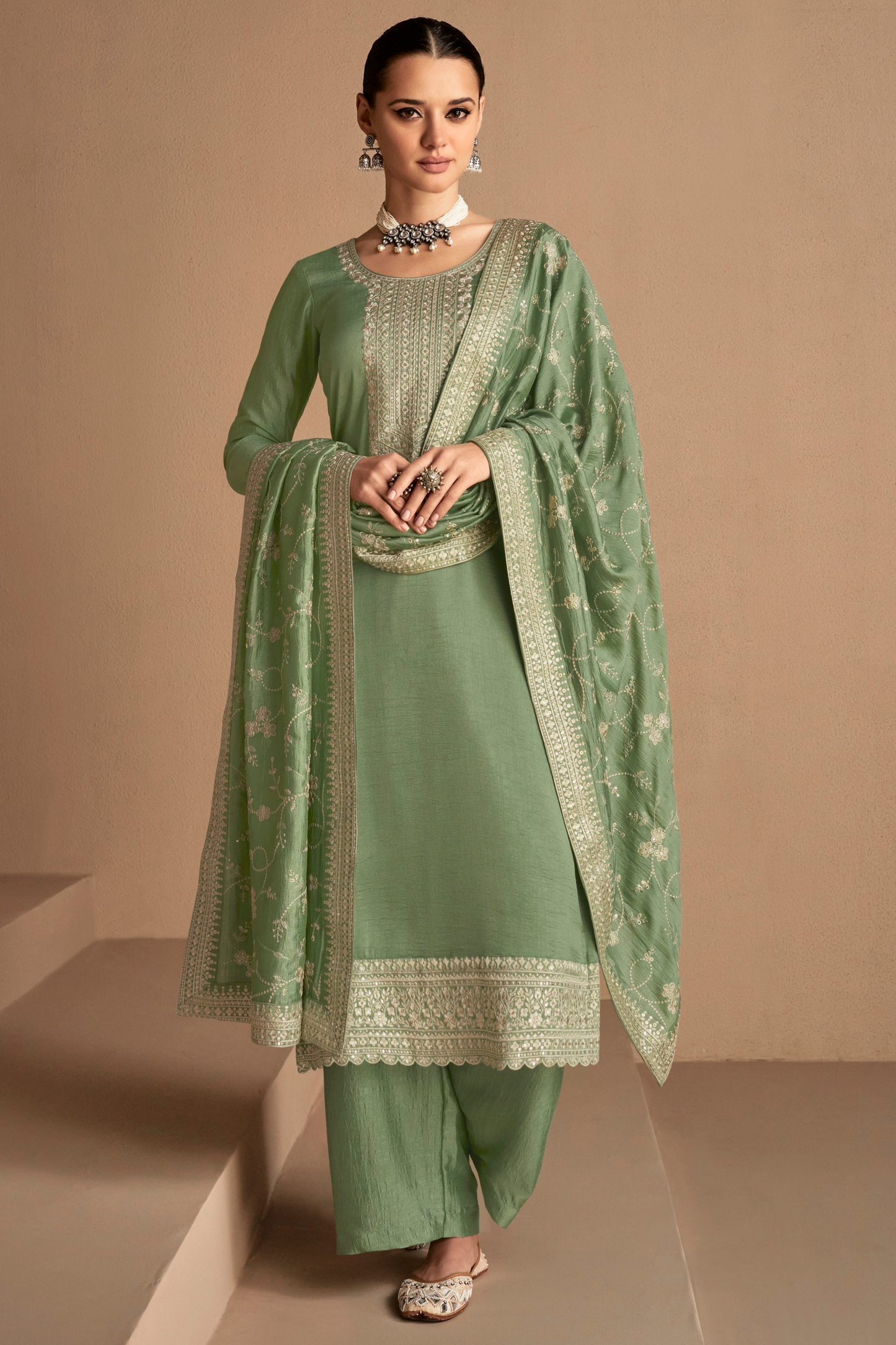 Embroidered Kashmiri Salwar Suit in Pista Green Premium Silk Fabric  Traditional Indian Outfit by Seyuri