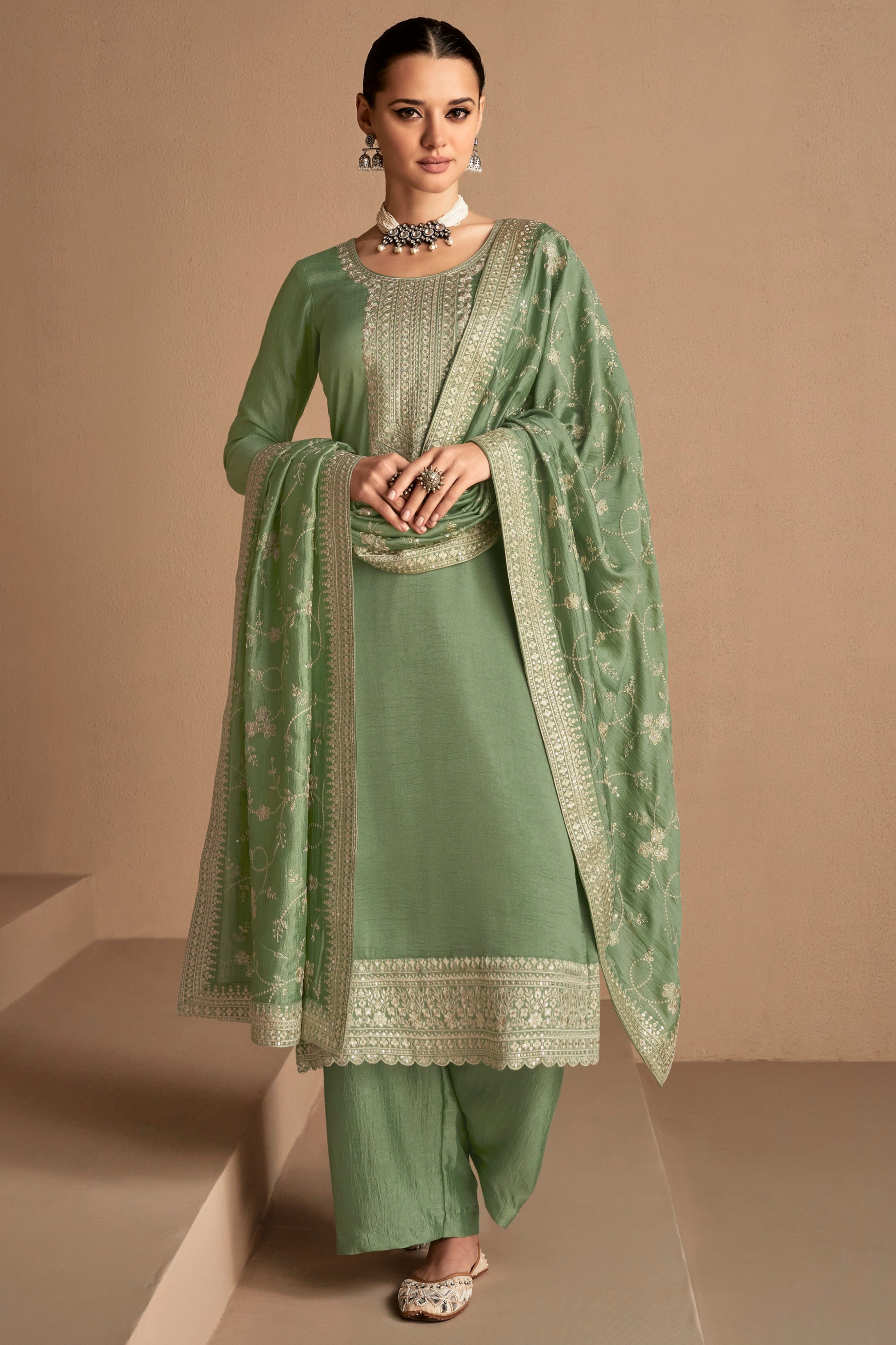 Embroidered Kashmiri Salwar Suit in Pista Green Premium Silk Fabric  Traditional Indian Outfit by Seyuri