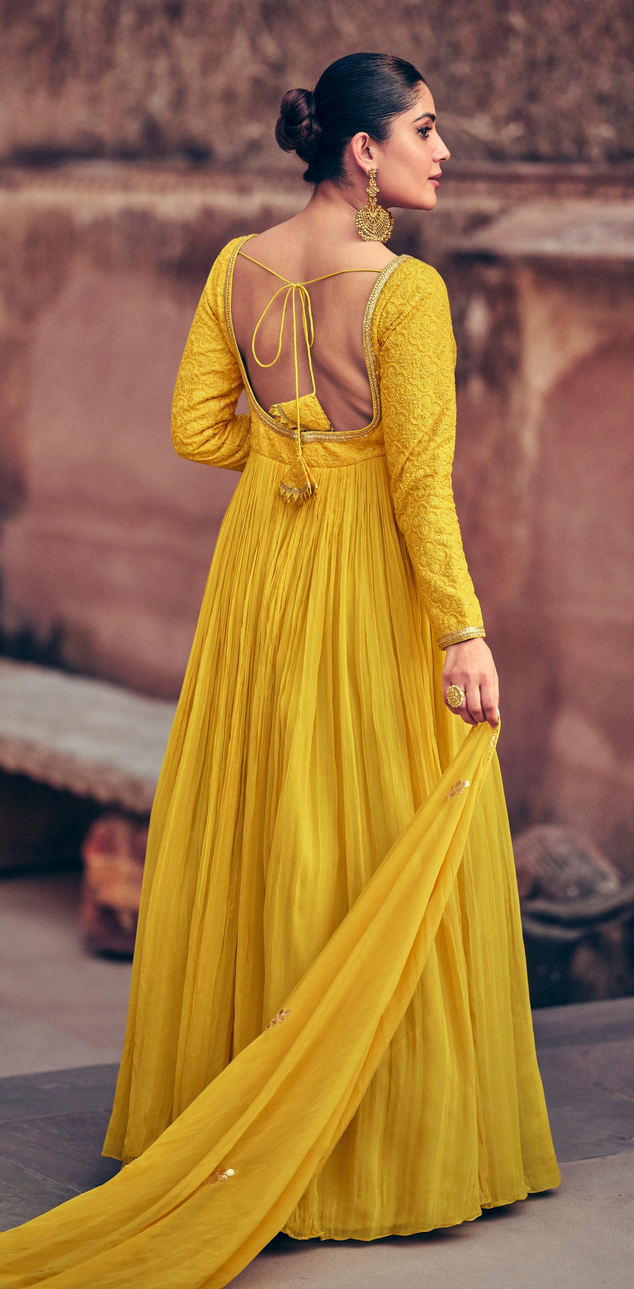 Yellow Anarkali Dress Embroidered Worked Full-Length Chinon Silk Gown