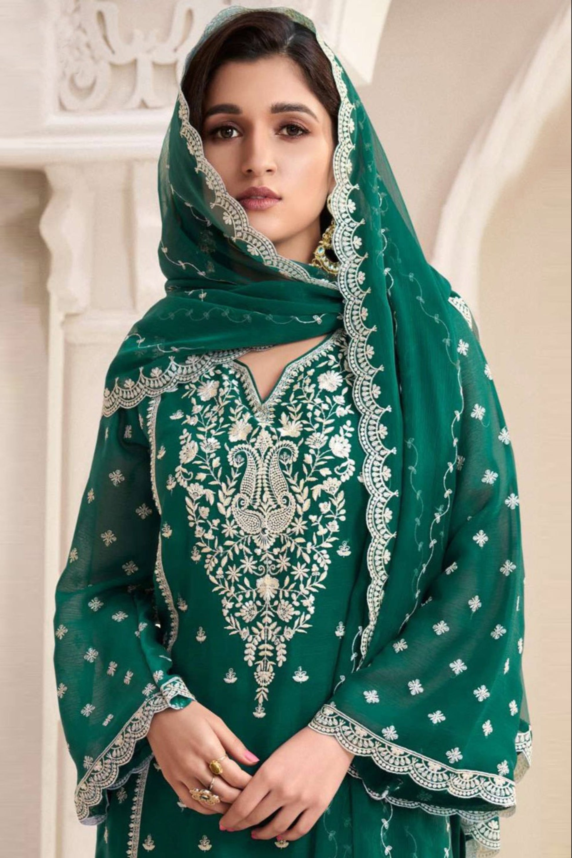Exclusive Teal Green Readymade Salwar Kameez Suit With Intricate Embroidery Work