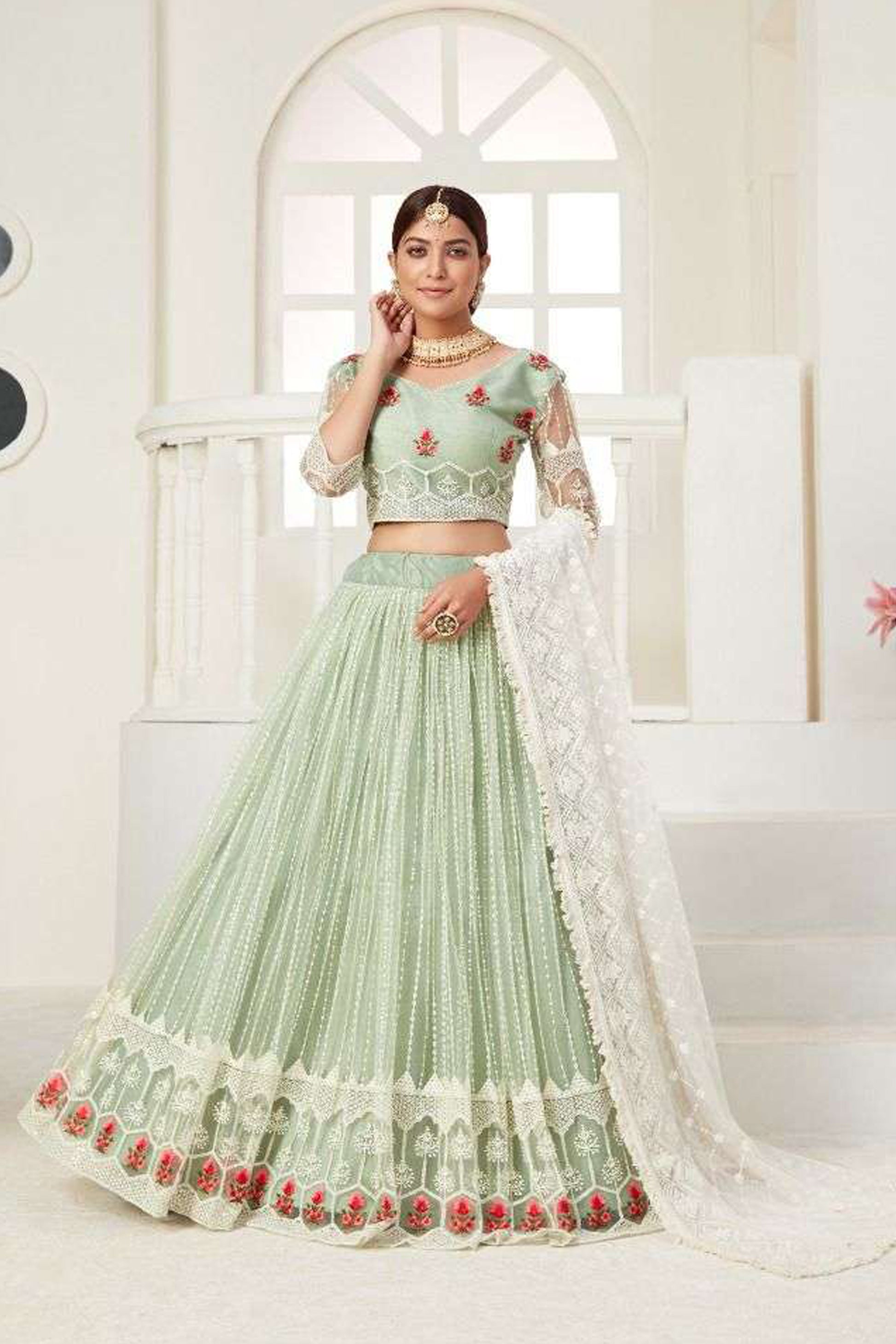 Pistachio Green Embroidered Lehenga Choli For Sangeet Mehendi Wedding - Front V6iew
