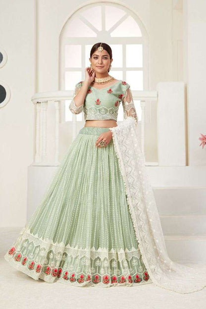 Pistachio Green Embroidered Lehenga Choli For Sangeet Mehendi Wedding - Front V6iew