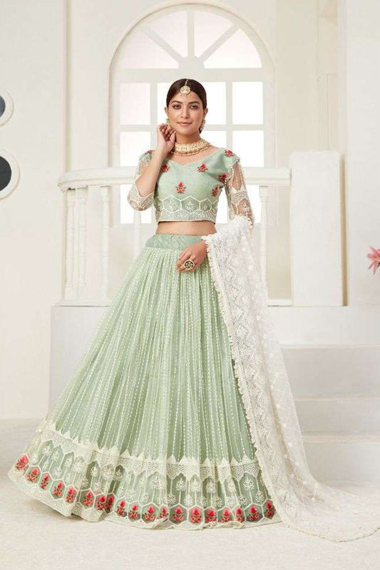 Pistachio Green Embroidered Lehenga Choli For Sangeet Mehendi Wedding - Front V6iew