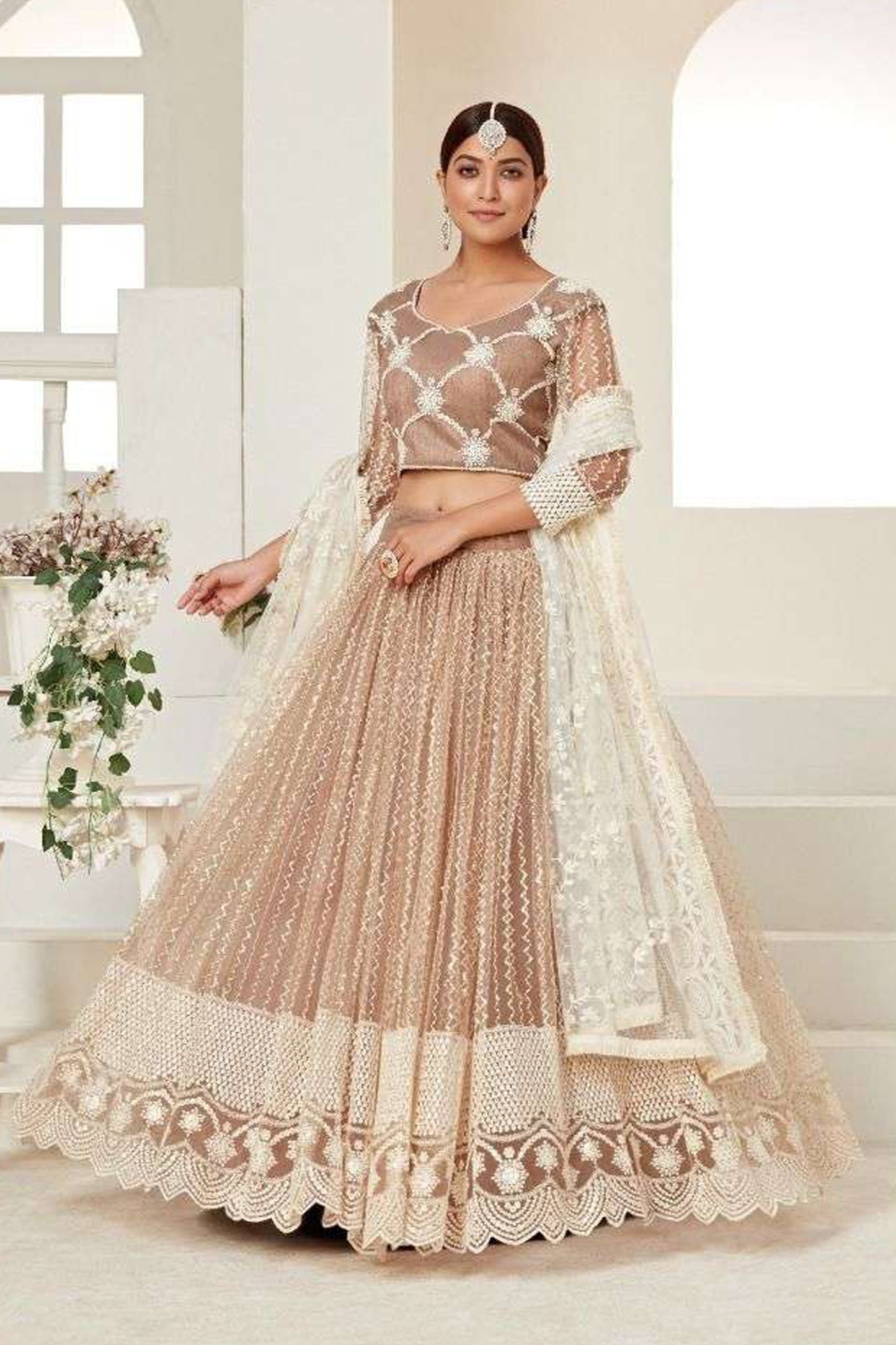 Beige Embroidered Lehenga Choli Front View With Intricate Golden Thread Work