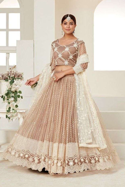 Beige Embroidered Lehenga Choli Front View With Intricate Golden Thread Work