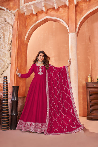 Front View Of Embroidered Anarkali Dress In Dola Silk Fabric With Floor-Length Design For Special Occasions