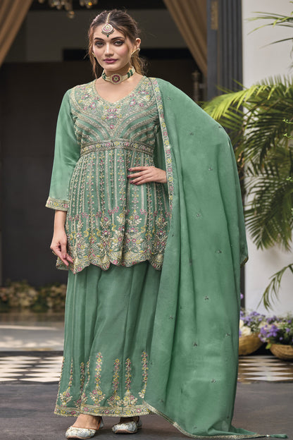 Green Designer Heavy Embroidery Work Palazzo 