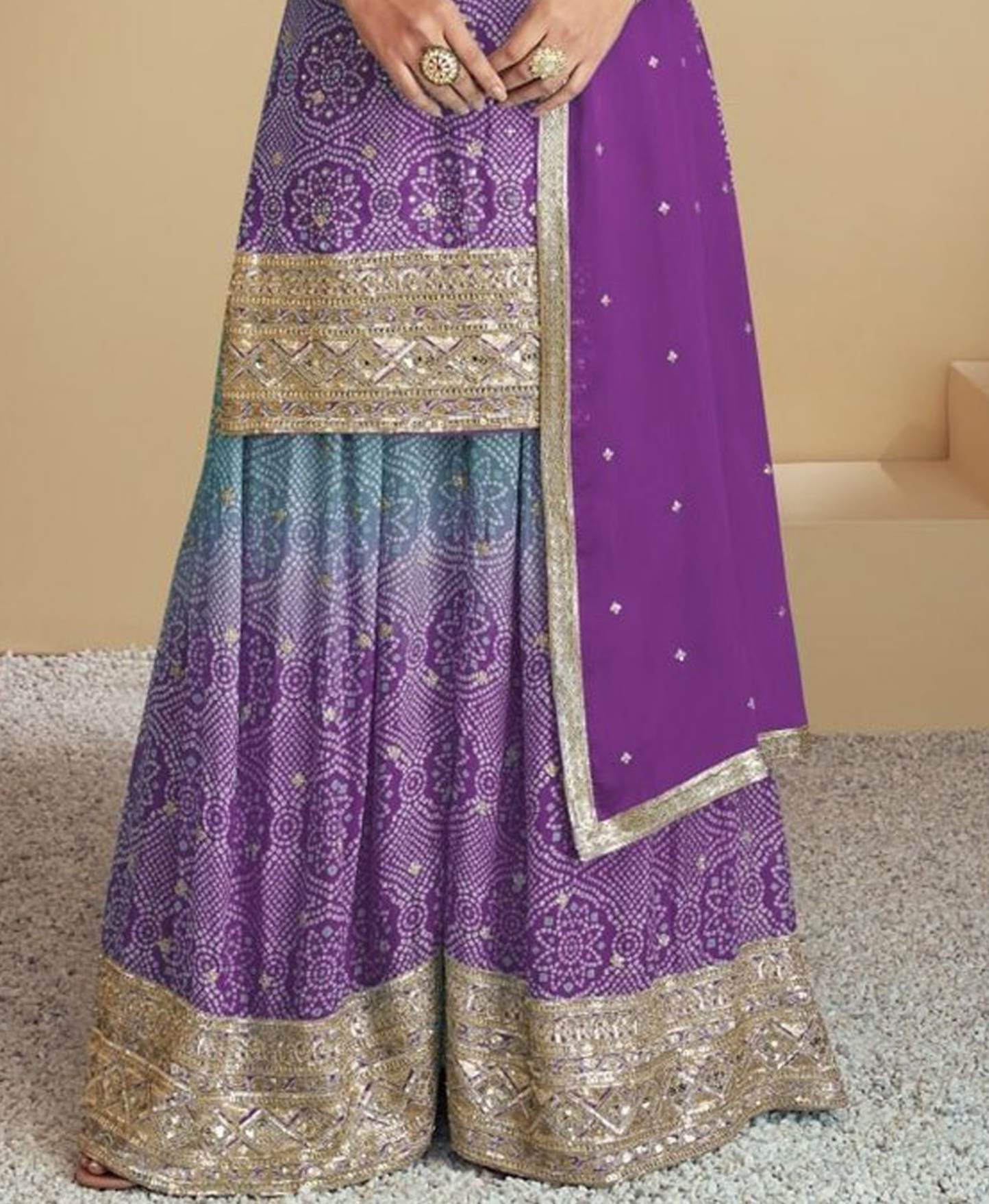 Purple Digital Chinon Palazzo Suit Detail Showing Embellishment Work