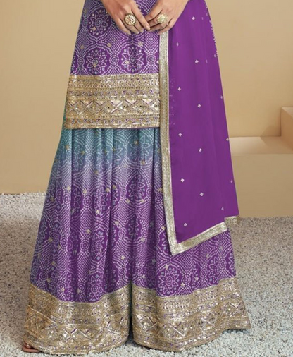 Purple Digital Chinon Palazzo Suit Detail Showing Embellishment Work