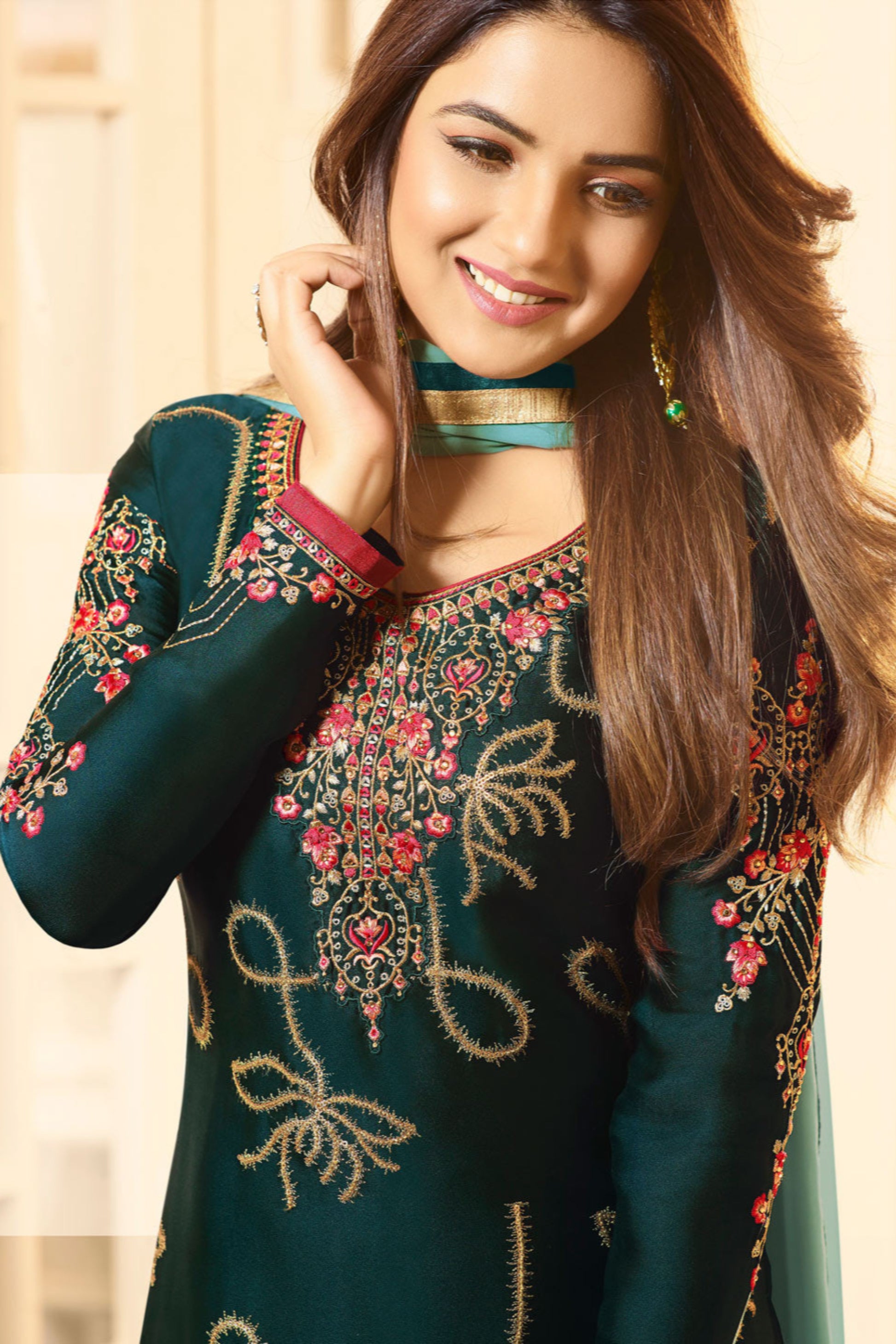 Teal Green Embroidered Satin Georgette Salwar Kameez Set Indian Party Wear for Women USA