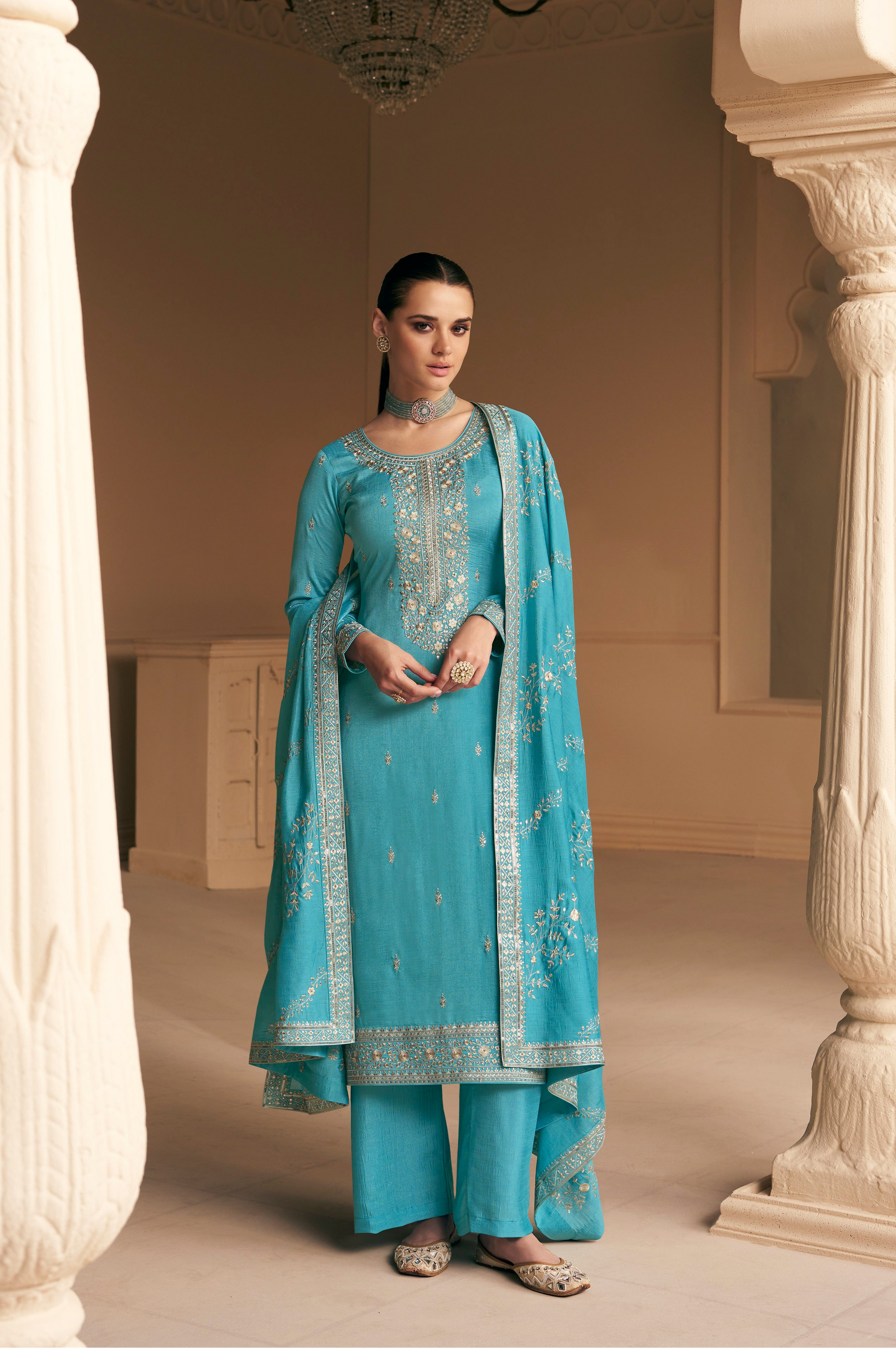Sky Blue Chinon Silk Embroidered Plazzo Style Salwar Kameez For Women