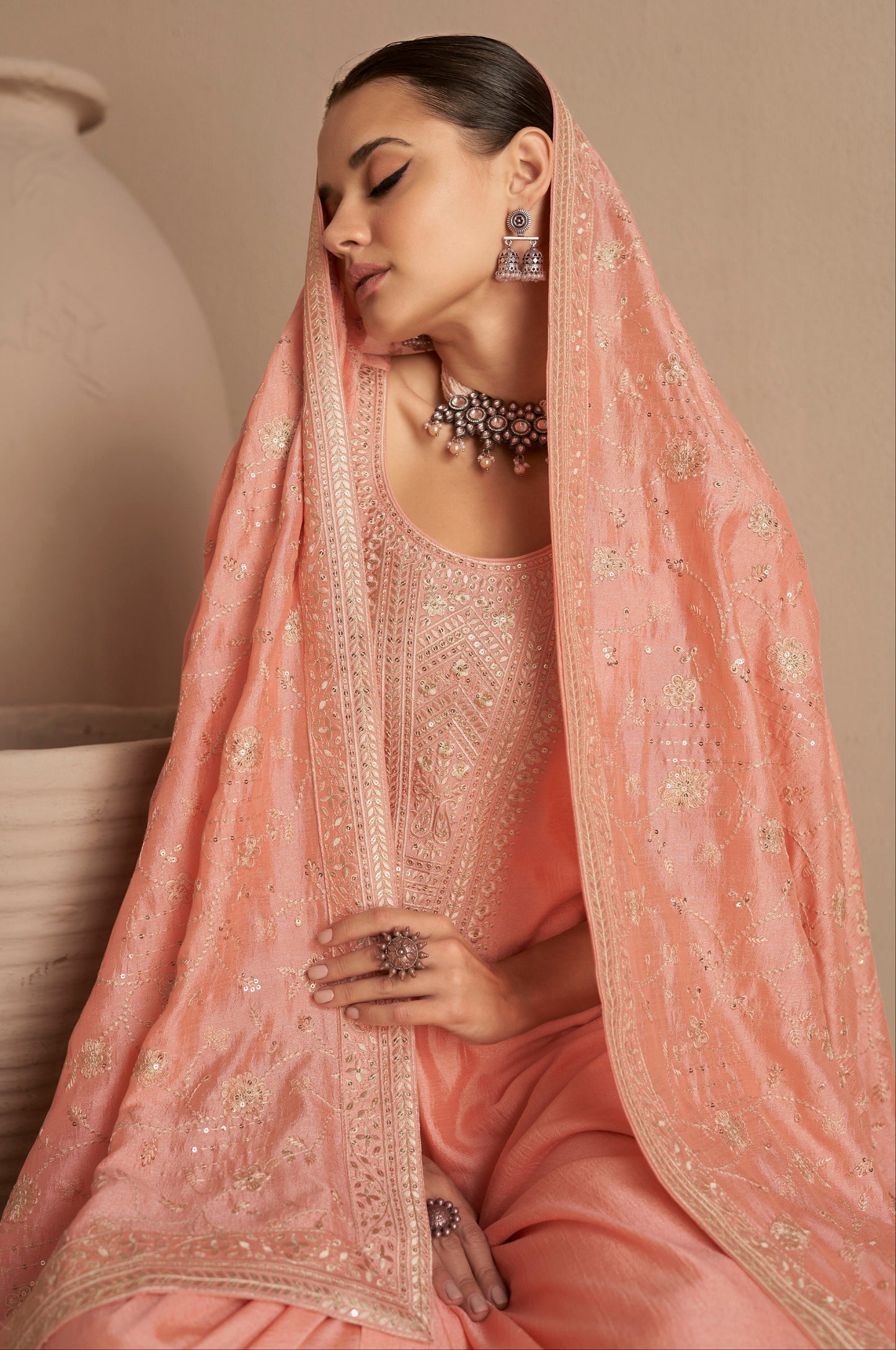 Premium Peach Net Fabric Bridal Salwar Kameez 