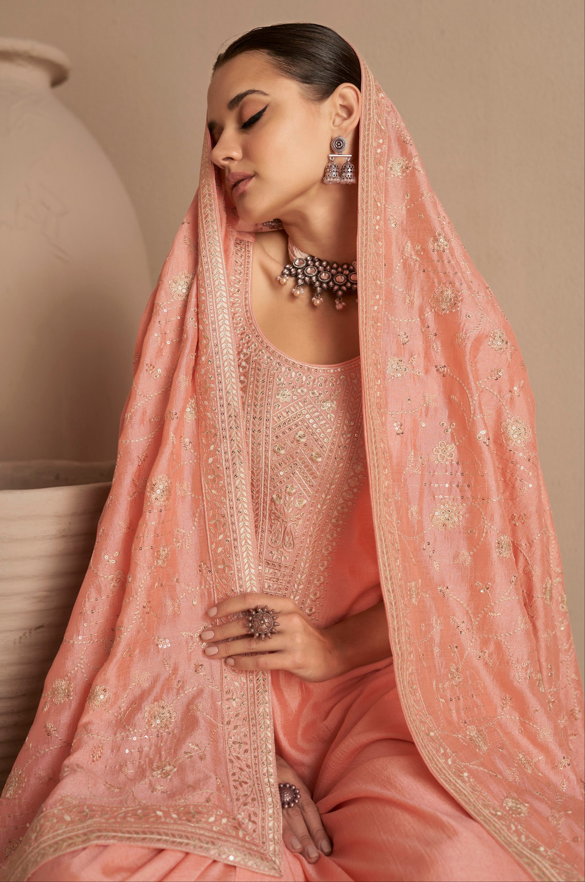 Premium Peach Net Fabric Bridal Salwar Kameez 