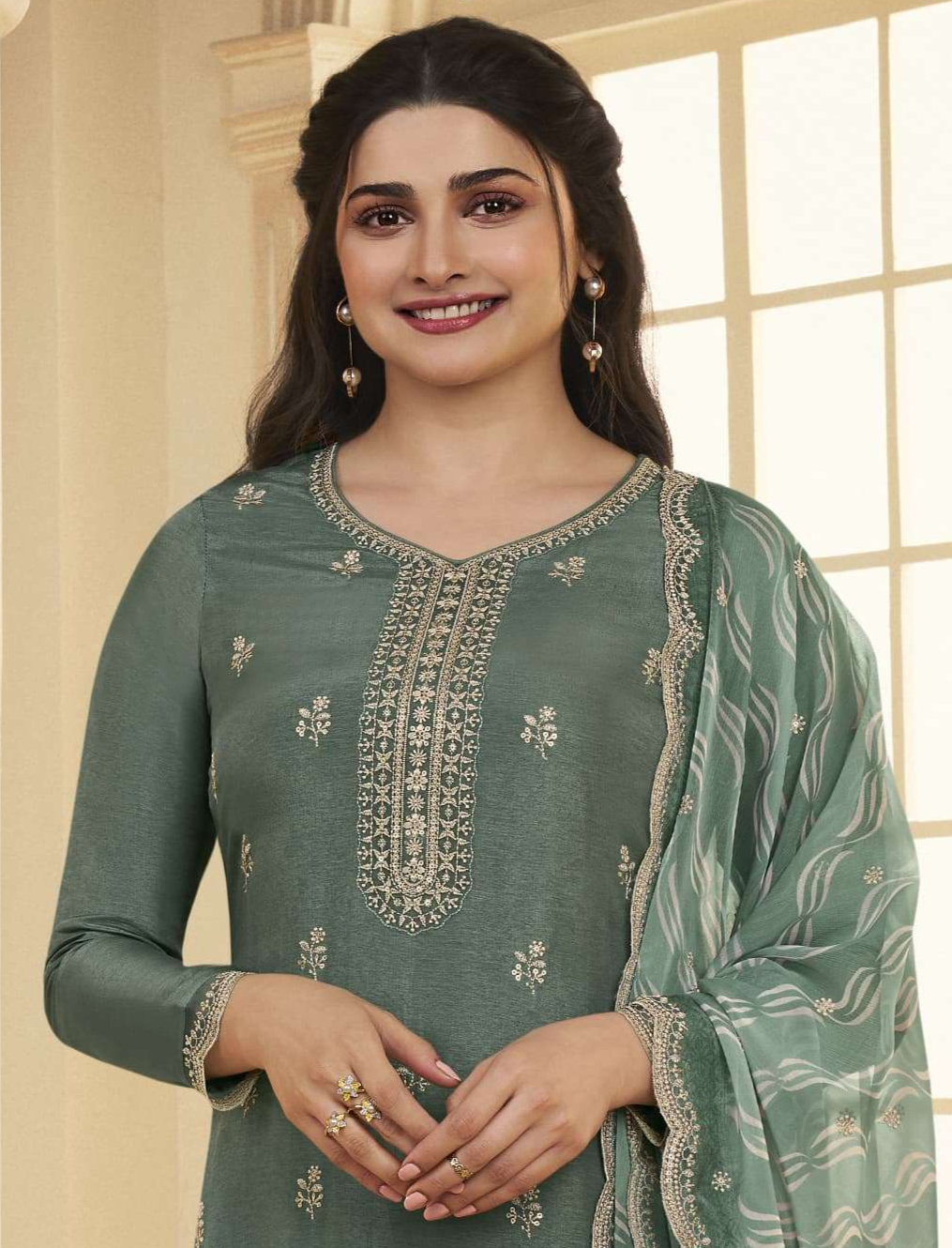  Pistachio Green Dhola Silk Salwar Kameez Featuring Golden Embroidery - Traditional Indian Wedding Outfit For Women