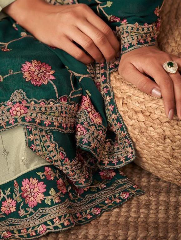 Designer Salwar Kameez in Pistachio Green With Embroidery on Chinon Silk Fabric - Indian Wedding Outfit