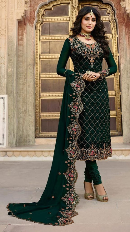 Traditional Dark Green Embroidered Bridal Georgette Salwar Suit With Comfortable Fit Perfect For Weddings and Special Occasions