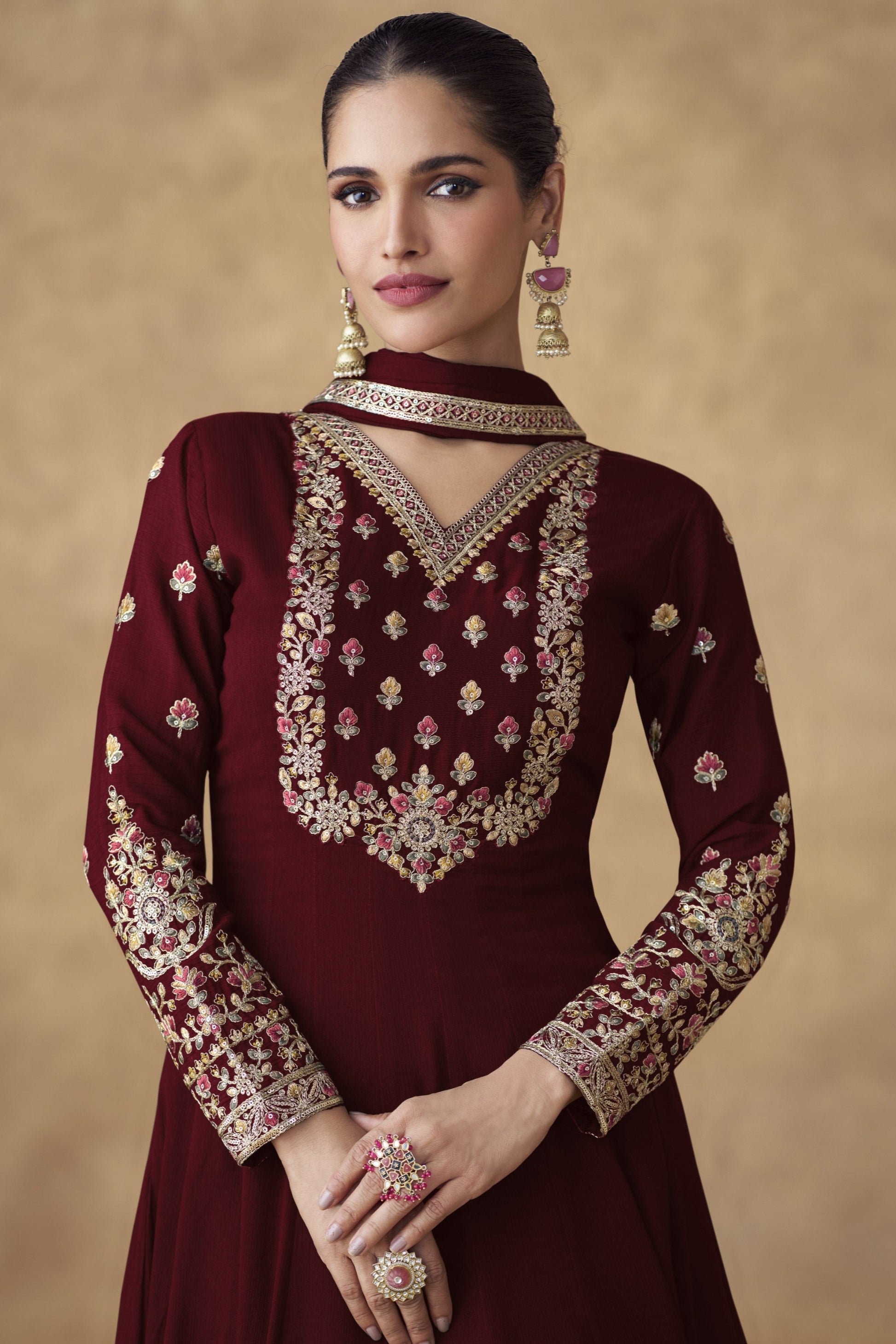 Front View Of Premium Chinon Silk Anarkali Dress With Intricate Embroidery Detailing And Ready-To-Wear Fit