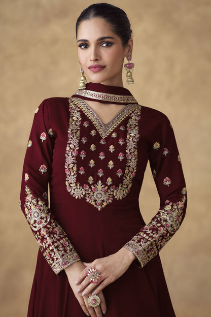 Front View Of Premium Chinon Silk Anarkali Dress With Intricate Embroidery Detailing And Ready-To-Wear Fit