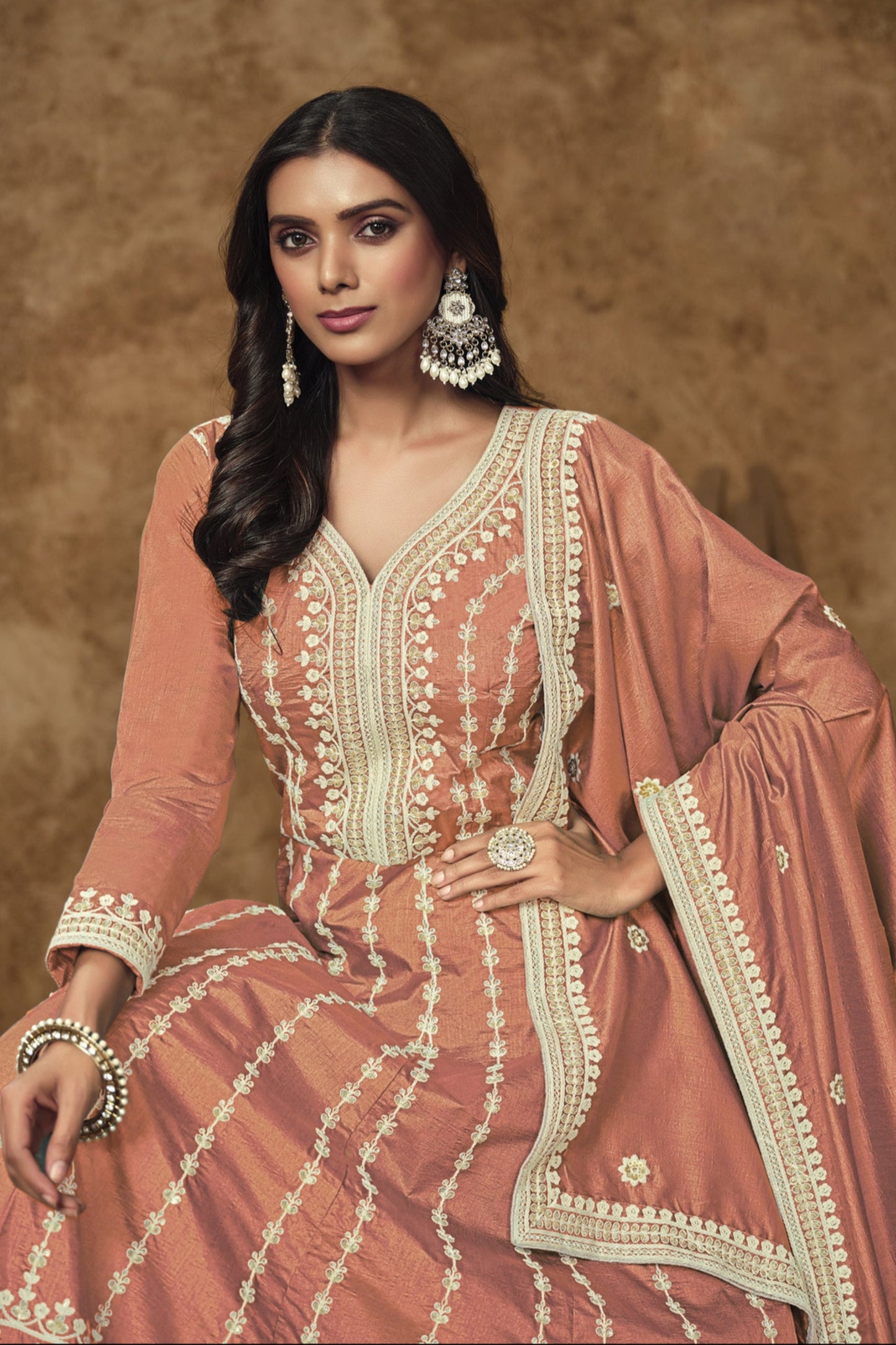Embroidered Peach Anarkali Gown - Traditional Indian Wedding Dress