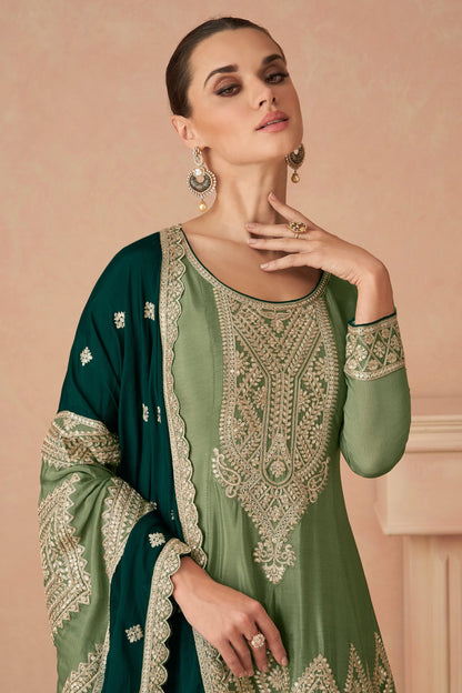 Pistachio Green Chinon Salwar Suit With Thread Embroidery - Full Length View - Plus Size Available USA