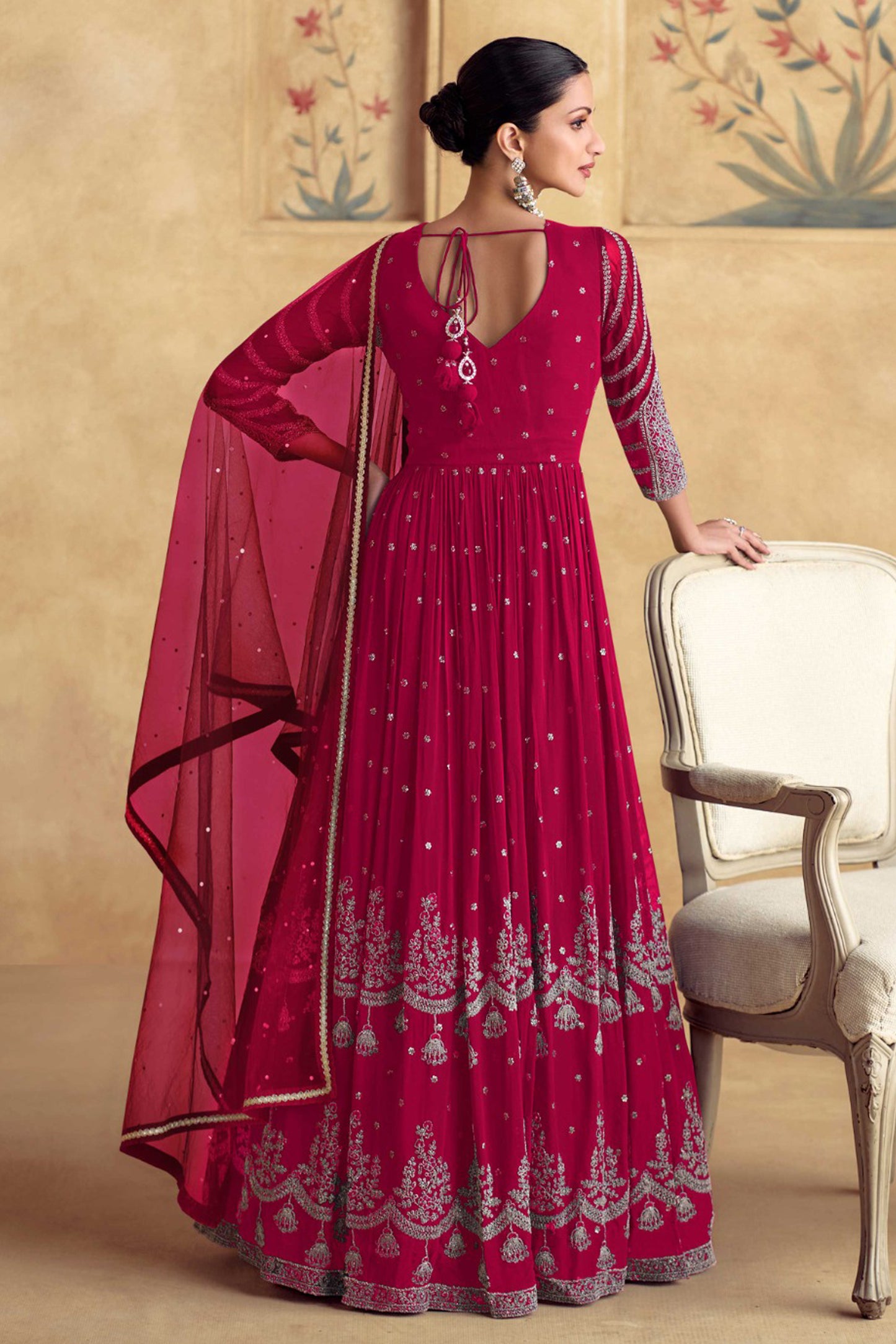 Stylish Dark Pink Embroidery Worked Real Georgette Anarkali Gown With Net Dupatta 