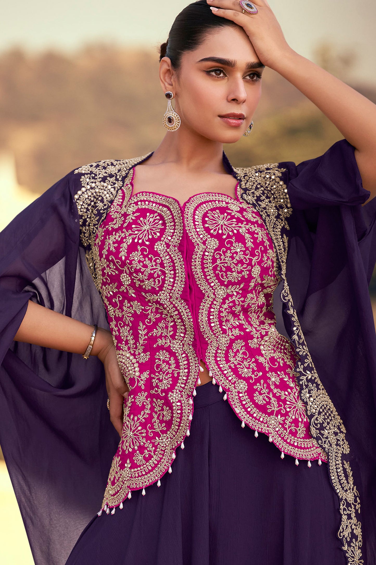 Designer Purple Silk Suit For Women With Western Style Dupatta