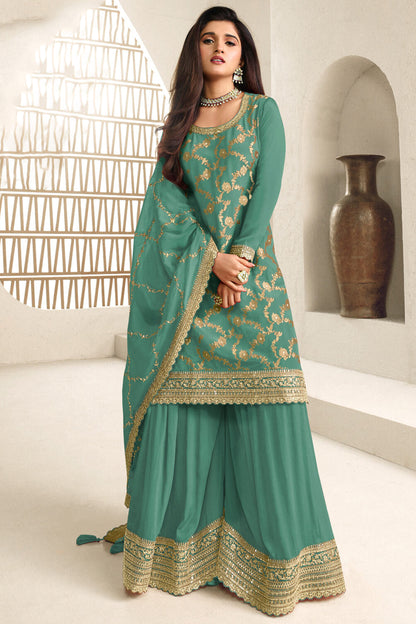 Teal Green Pakistani Nikah Palazzo Suit With Heavy Embroidery Work - Front View