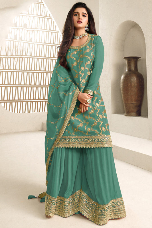 Teal Green Pakistani Nikah Palazzo Suit With Heavy Embroidery Work - Front View
