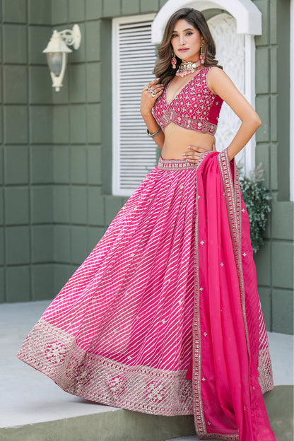 Designer Bridal Lehenga Choli In Bright Pink Art Silk With Tabby Silk Dupatta USA