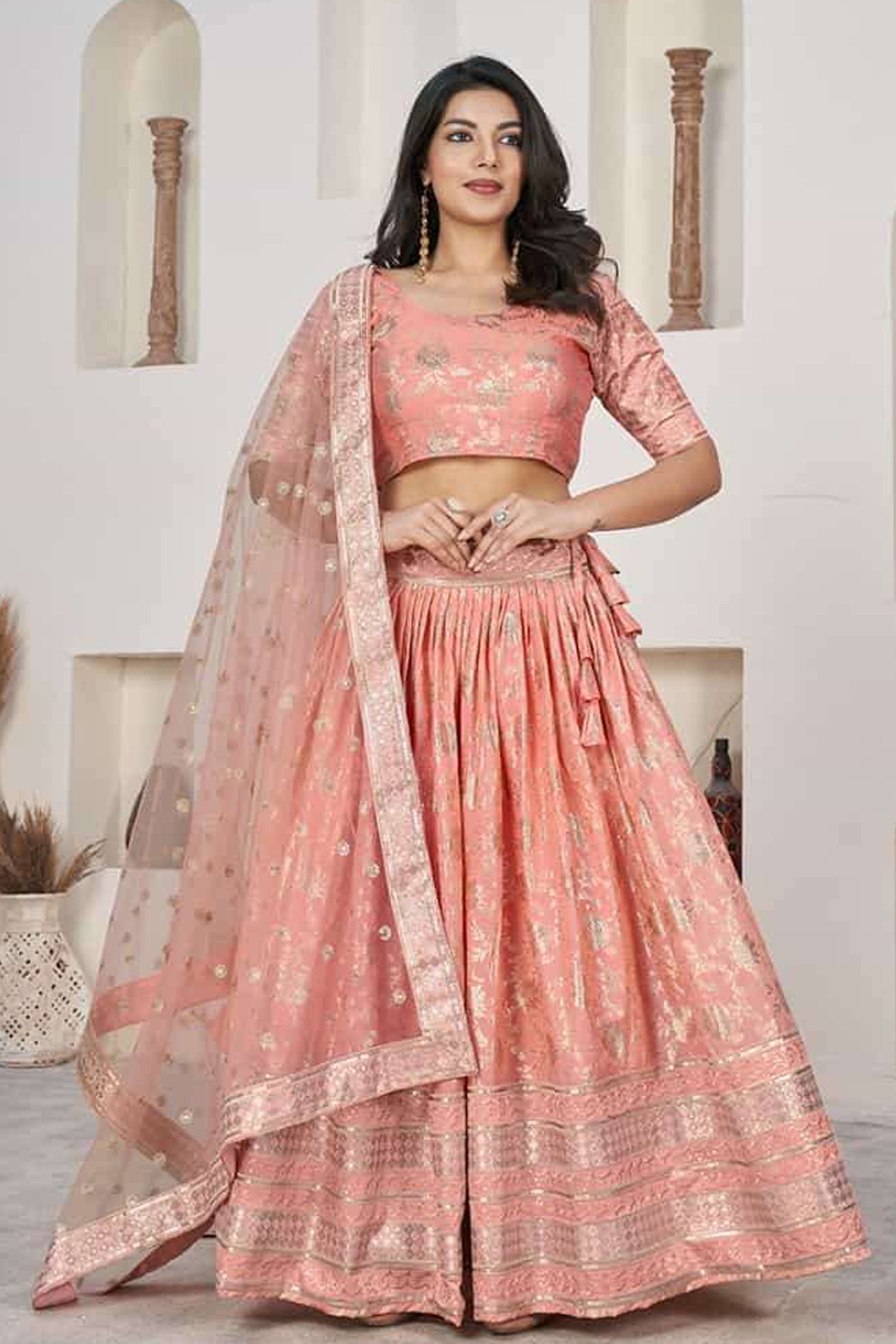 Light Pink Peach Designer Lehenga Choli With Sequin Embroidery - Premium Wedding Wear USA 