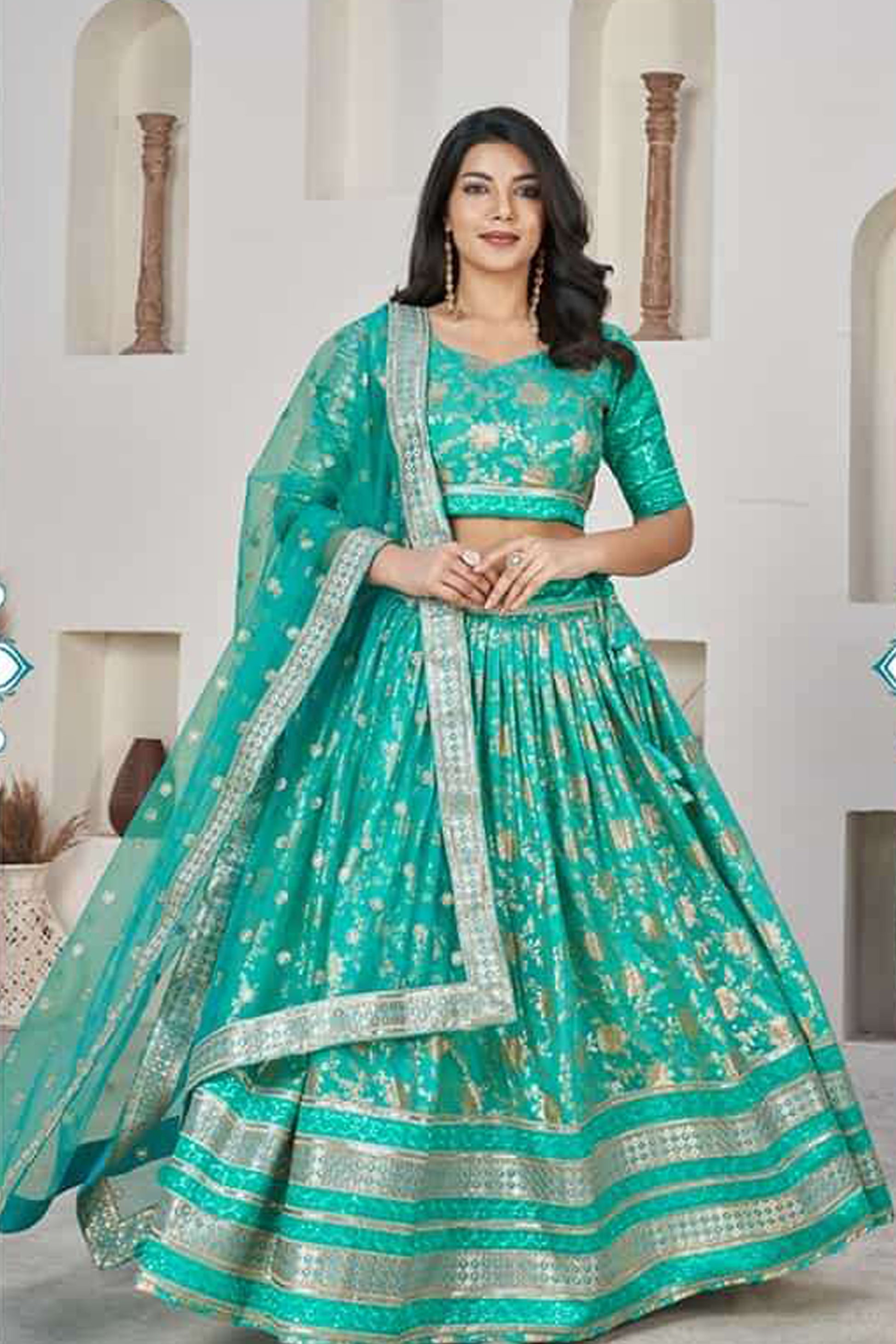 Turquoise Designer Lehenga Choli with Silver Embroidery - Indian Wedding Bridal Wear
