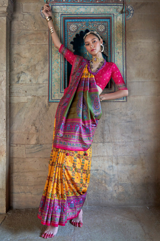 Mustard Yellow Silk Designer Wedding Saree With Pink Embroidered Blouse - Indian Bridal Wear USA