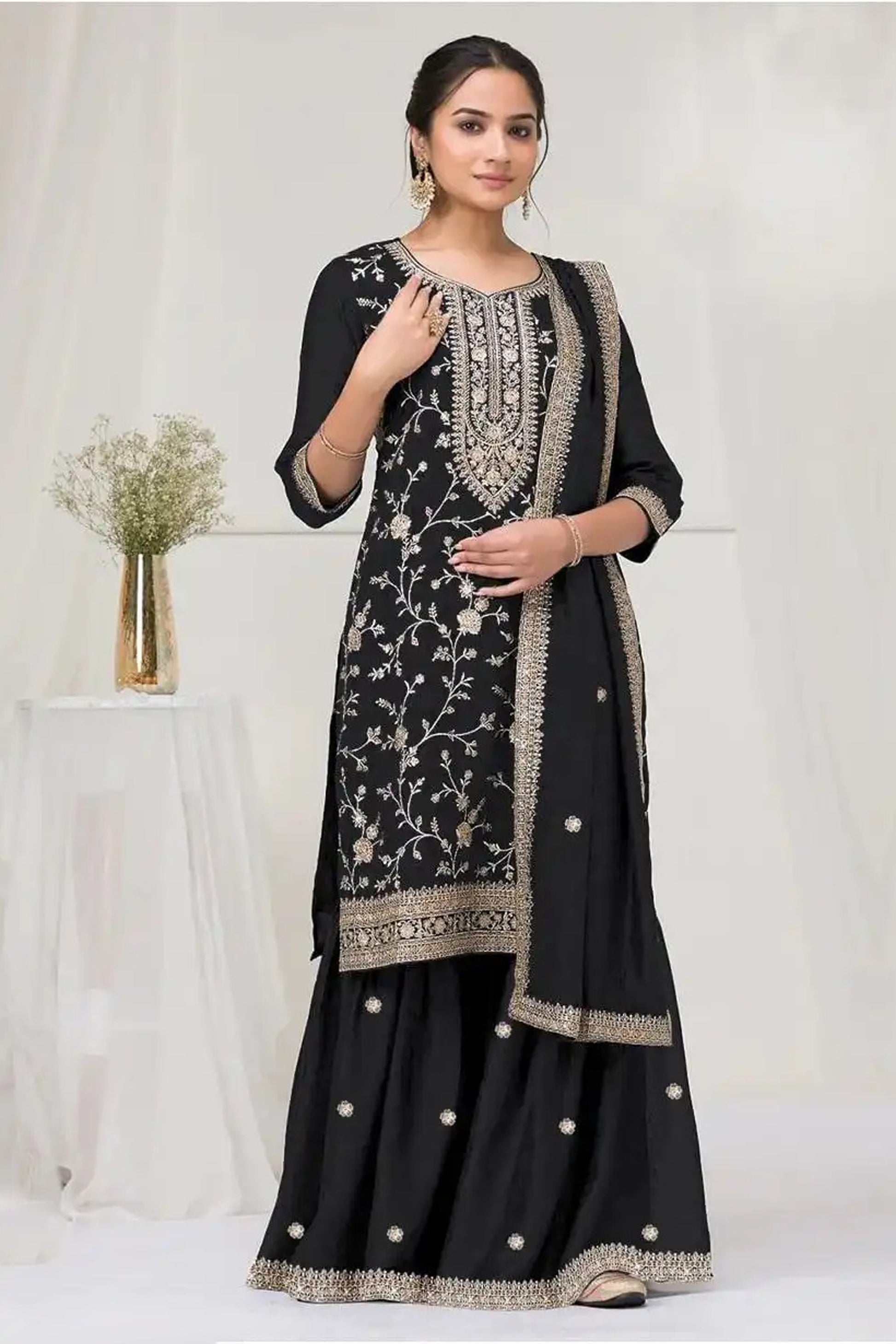 Black Embroidered Palazzo Salwar Kameez Suit With Silk Dupatta For Eid
