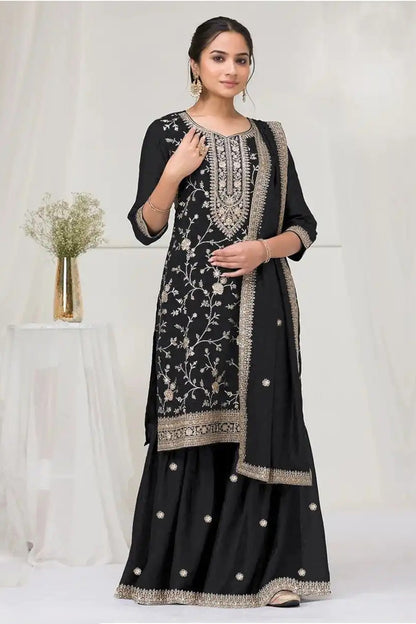 Black Embroidered Palazzo Salwar Kameez Suit With Silk Dupatta For Eid