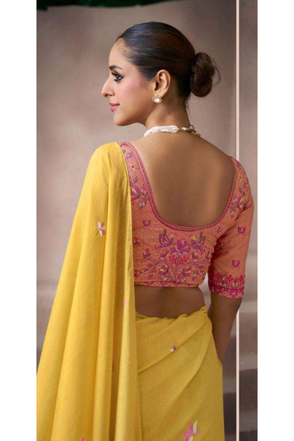 Indian Wedding Saree Yellow Viscose Cotton With Embroidery Work Front View