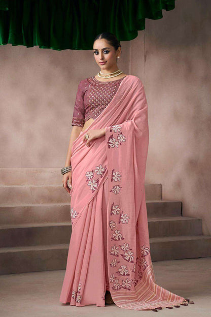 Pink Embroidered Pakistani Saree With Blouse Front View - Seyuri Ethnic Wear USA