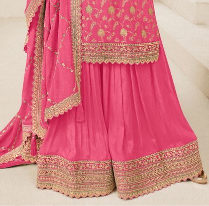 Full View Of Ready-To-Wear Indian Ethnic Palazzo Suit In Dusky Pink With Organza Dupatta