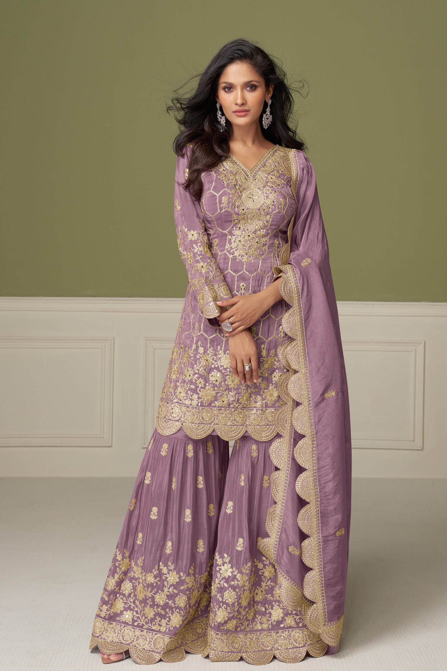 Lavender Embroidered Sharara Suit With Heavy Silk Work For Eid Celebrations